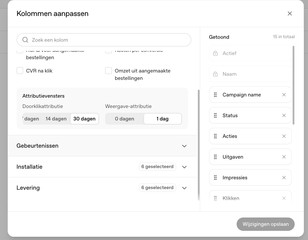 Attributievensters instellen via Kolommen aanpassen in OpenAI Ads Manager: 30 dagen doorklik en 1 dag weergave