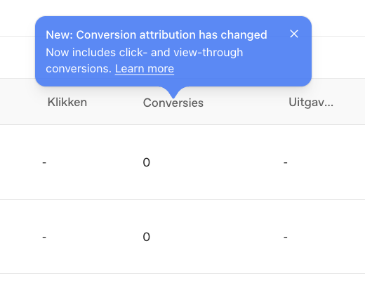 Melding in OpenAI Ads Manager dat conversieattributie is veranderd en nu click- en view-through conversies bevat