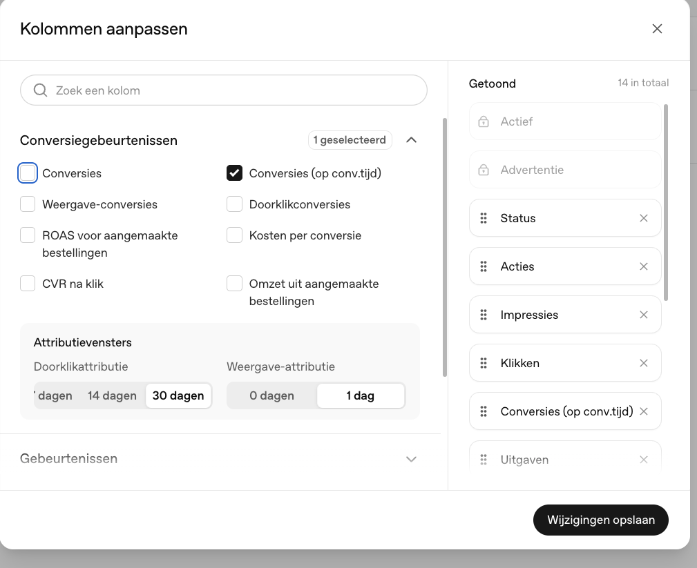 Kolom Conversies (op conv.tijd) aanvinken bij Kolommen aanpassen in OpenAI Ads Manager