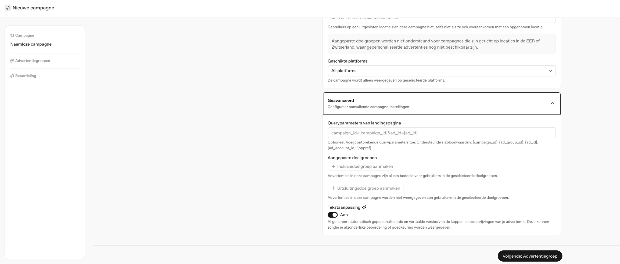 Tekstaanpassing aanzetten onder Campagne, Geavanceerd in OpenAI Ads Manager