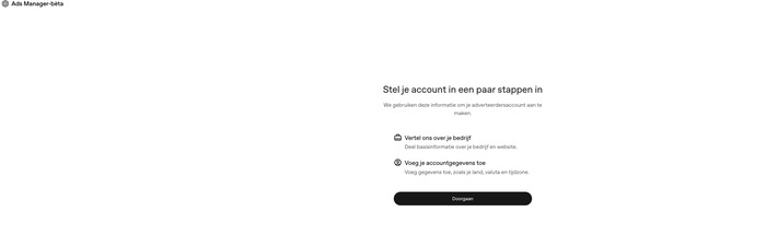 Introscherm van de account-setup in OpenAI Ads Manager