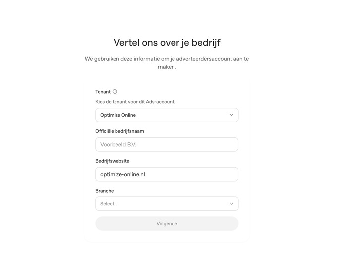Leeg formulier voor bedrijfsgegevens in OpenAI Ads Manager