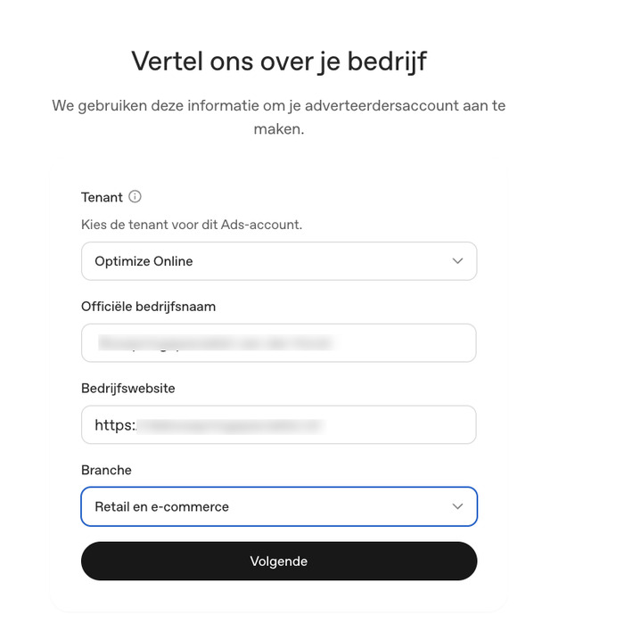 Volledig ingevuld formulier met bedrijfsgegevens in OpenAI Ads Manager
