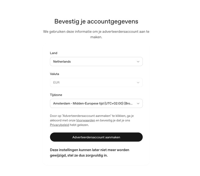 Land, valuta en tijdzone bevestigen bij het aanmaken van een ChatGPT Ads-account