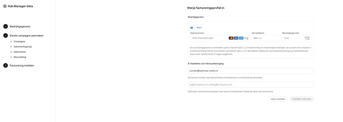Factureringsprofiel instellen met kaartgegevens en e-mailadres in OpenAI Ads Manager