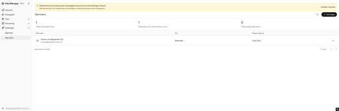 Gebruikersoverzicht met de accounteigenaar als Beheerder in OpenAI Ads Manager