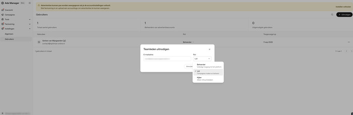 Teamleden uitnodigen met rolkeuze Beheerder, Lid of Kijker in OpenAI Ads Manager