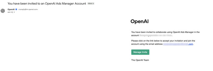 Uitnodigingsmail van OpenAI voor toegang tot Ads Manager