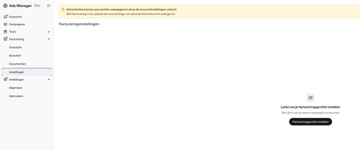 Factureringsinstellingen-pagina met knop Factureringsprofiel instellen