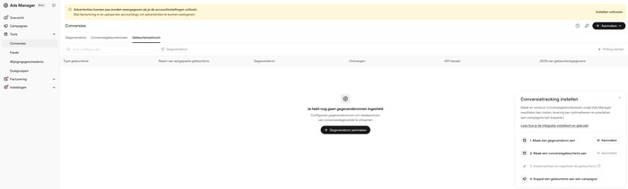 Conversies-overzicht in OpenAI Ads Manager vóórdat een websitegegevensbron is ingesteld