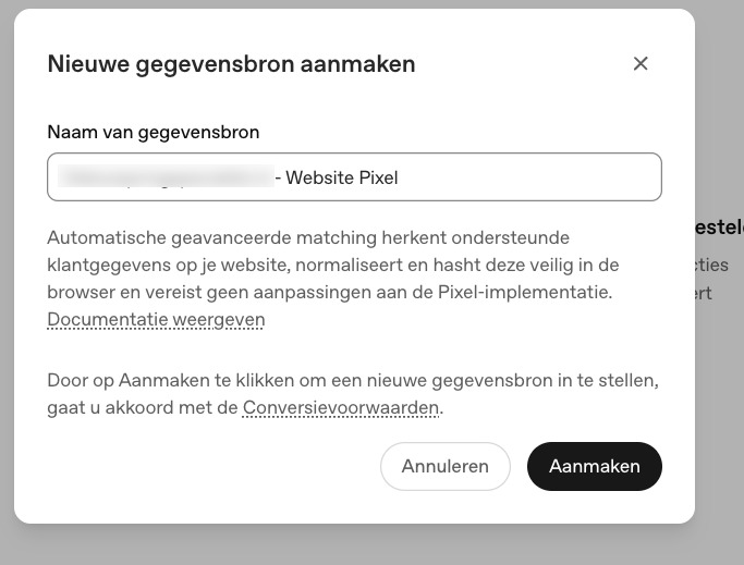 Nieuwe websitegegevensbron aanmaken met herkenbare naam in OpenAI Ads Manager