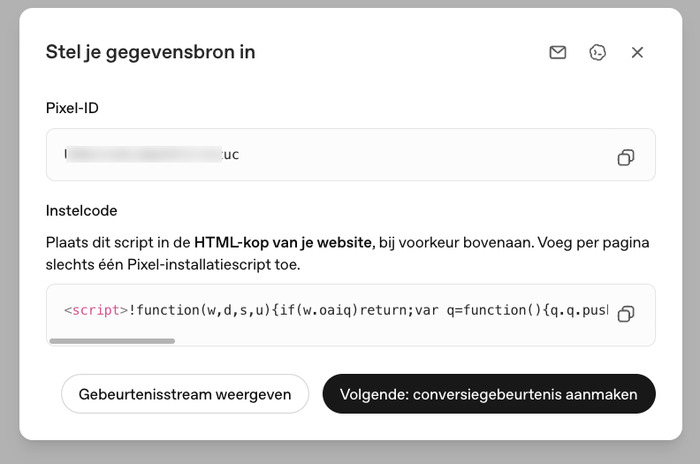 Pixel-ID en installatiecode voor de website pixel in OpenAI Ads Manager