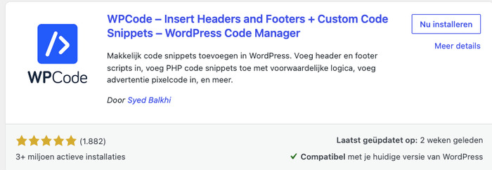 WPCode-plugin geïnstalleerd in het WordPress pluginoverzicht