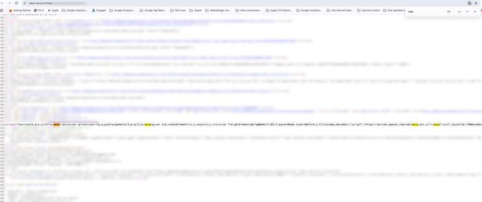 OpenAI pixelcode 'oaiq' gevonden in de paginabron van WordPress