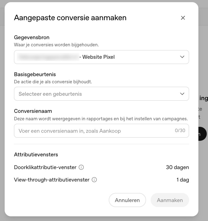 Aangepaste conversie aanmaken op de bestaande websitegegevensbron in OpenAI Ads Manager