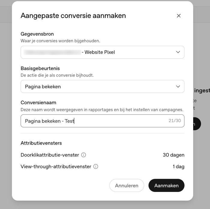 Basisgebeurtenis Pagina bekeken met testconversienaam in OpenAI Ads Manager