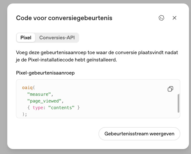 Pixel-gebeurtenisaanroep voor page_viewed in OpenAI Ads Manager