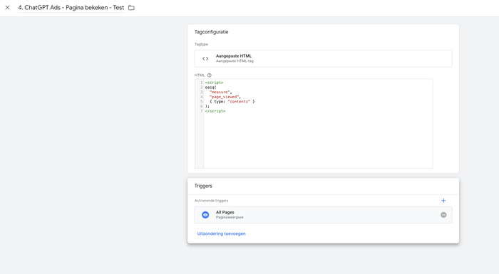 Aangepaste HTML-tag in Google Tag Manager met page_viewed-gebeurtenisaanroep