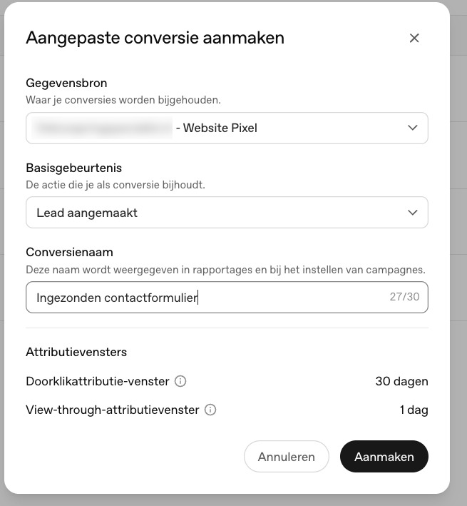 Basisgebeurtenis Lead aangemaakt met conversienaam Ingezonden contactformulier in OpenAI Ads Manager