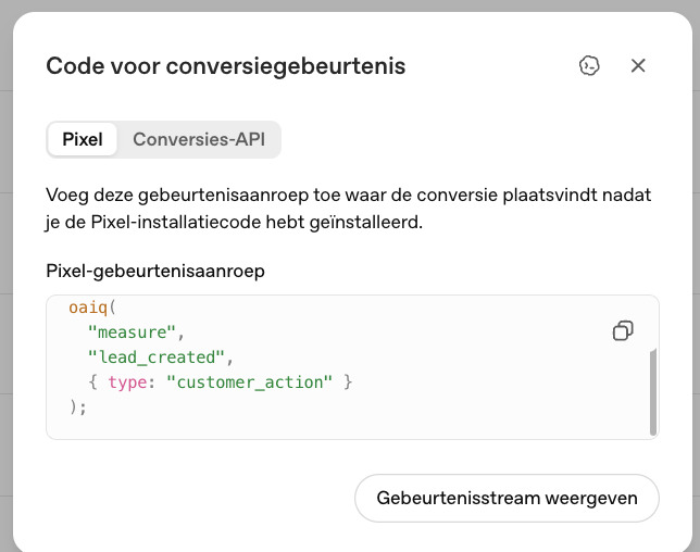 Pixel-gebeurtenisaanroep voor lead_created in OpenAI Ads Manager
