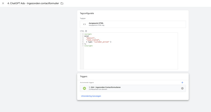 GTM-tag ChatGPT Ads Ingezonden contactformulier met lead_created-eventcode