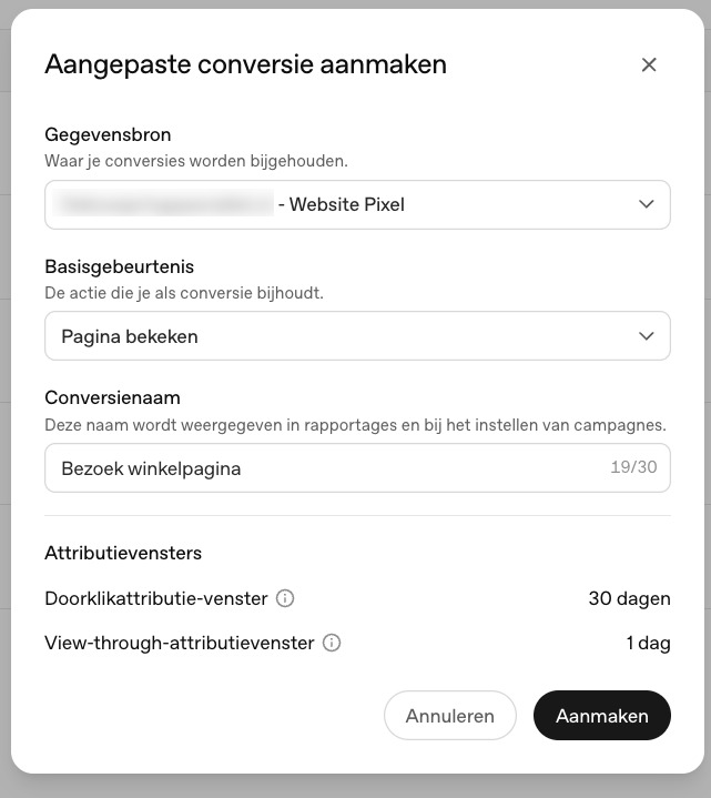 Aangepaste conversie Bezoek winkelpagina met basisgebeurtenis Pagina bekeken