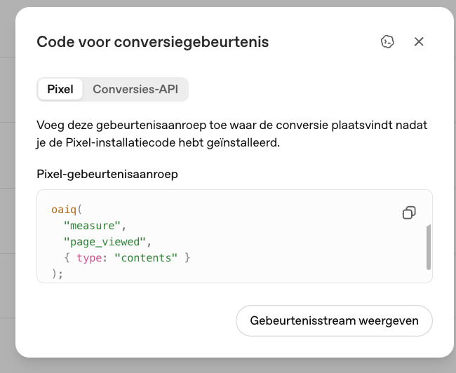 Page_viewed-eventcode gegenereerd door OpenAI Ads Manager