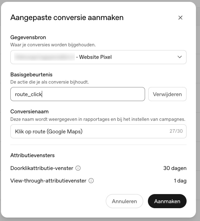 Aangepaste conversie route_click met conversienaam Klik op route Google Maps