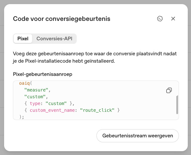 Custom-event route_click gegenereerd door OpenAI Ads Manager
