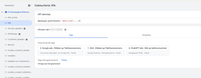 GTM Preview met ChatGPT Ads-tag geactiveerd bij een telefoon- of e-mailklik