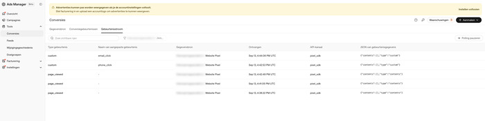 Gebeurtenisstroom met zowel email_click als phone_click als custom-events