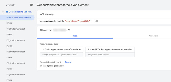 GTM Preview met geactiveerde tag ChatGPT Ads Ingezonden contactformulier