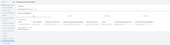 GTM Preview met geactiveerde tag Bezoek afspraakpagina