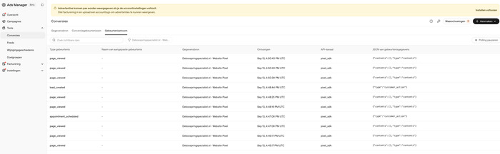 Gebeurtenisstroom met ontvangen page_viewed-events na paginatests