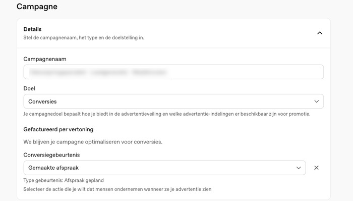 Campagne-instellingen met doel en gekoppelde conversiegebeurtenis in OpenAI Ads Manager
