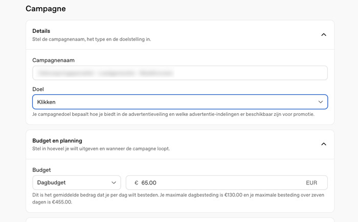 Gemiddeld dagbudget instellen voor een ChatGPT Ads-campagne