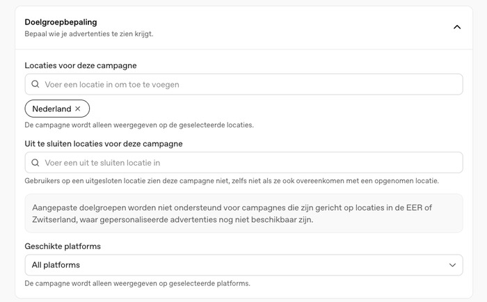 Locatie-instellingen binnen een ChatGPT Ads-campagne