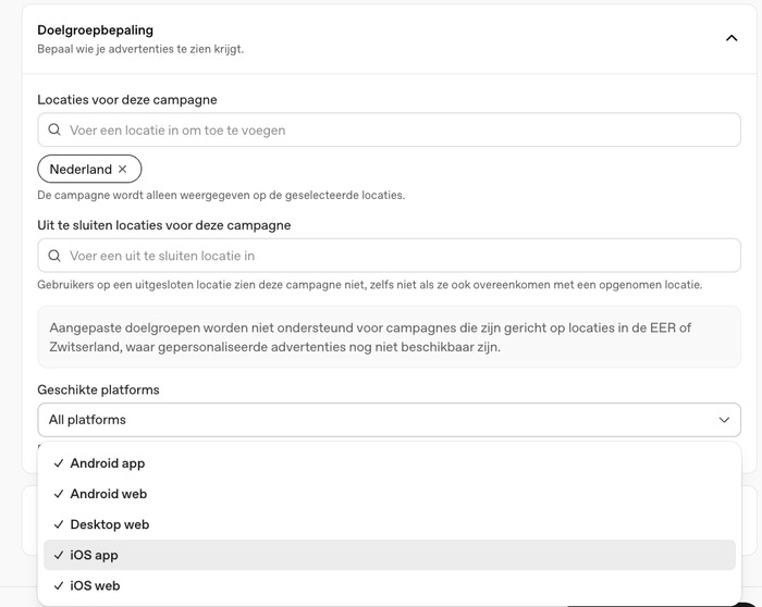 Alle vijf ChatGPT Ads-platforms aangezet: Android app, Android web, Desktop web, iOS app en iOS web