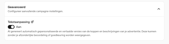 Geavanceerde instelling voor automatische tekstaanpassing in OpenAI Ads Manager