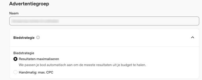 Nieuwe advertentiegroep aanmaken met naam en biedstrategie in OpenAI Ads Manager