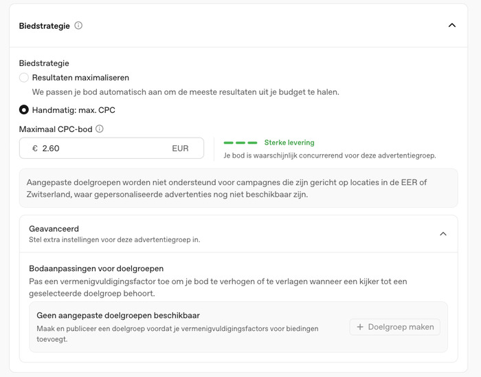 Handmatige max. CPC-biedstrategie met een startbod van 2,60 euro