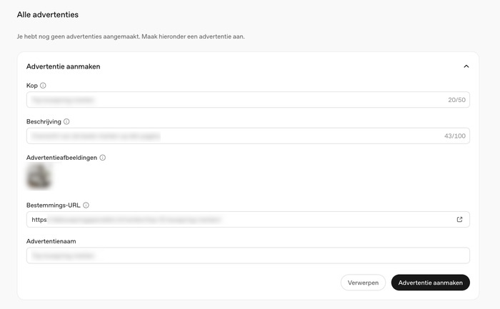 Advertentieformulier met kop, beschrijving en bestemmings-URL in OpenAI Ads Manager