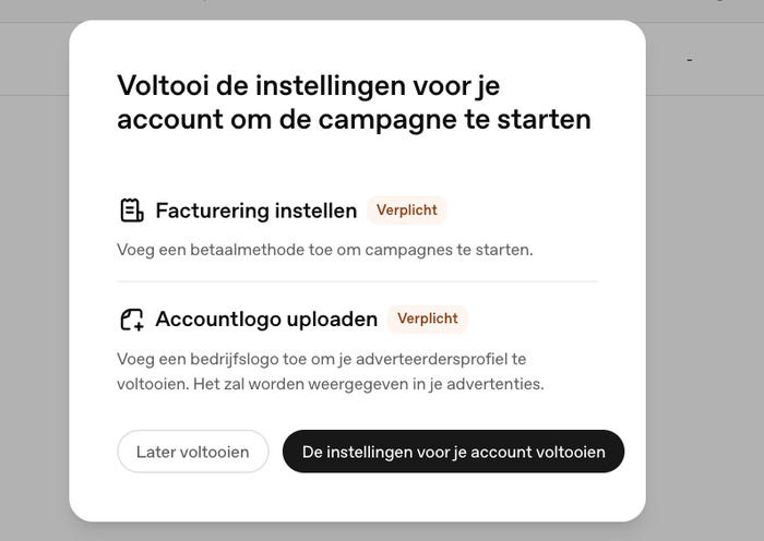 Melding dat facturering en accountlogo nog moeten worden ingesteld in OpenAI Ads Manager