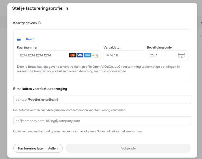 Factureringsprofiel instellen in OpenAI Ads Manager