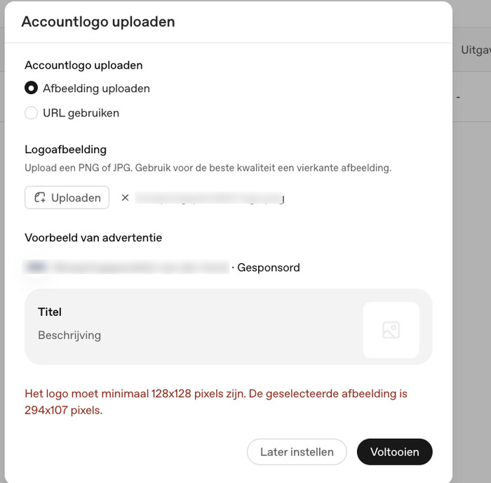 Afgekeurd horizontaal accountlogo omdat het niet minimaal 128 bij 128 pixels is