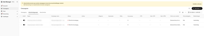 Overzicht van twee advertentiegroepen met biedstrategie en context hints in OpenAI Ads Manager