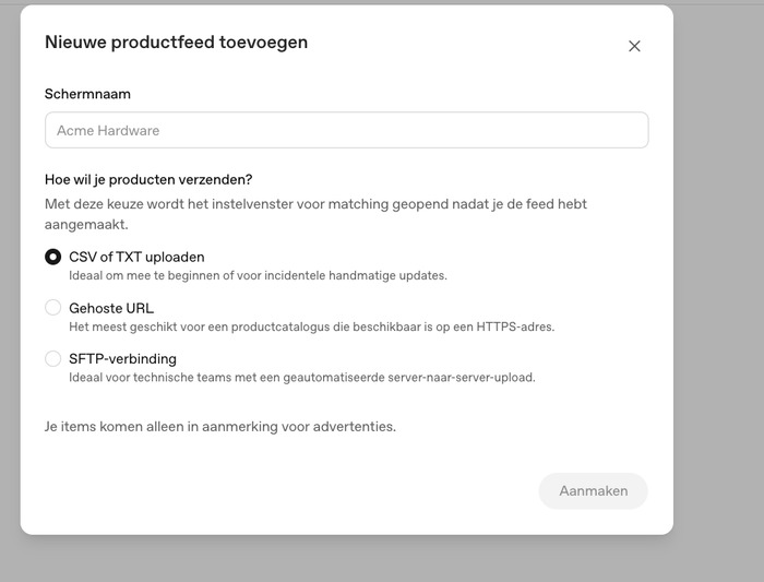 Aanlevermethode kiezen voor een productfeed: CSV, gehoste URL of SFTP