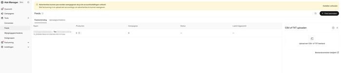 Productcatalogus registreren onder Tools en Feeds in OpenAI Ads Manager