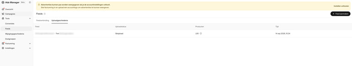 Uploadgeschiedenis met succesvolle verwerking van honderd producten in een productfeed