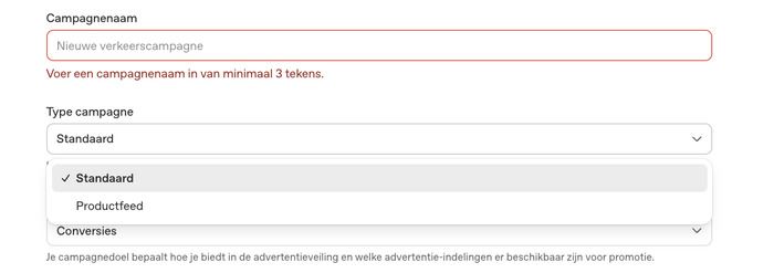 Keuze tussen campagnetype Standaard en Productfeed in OpenAI Ads Manager